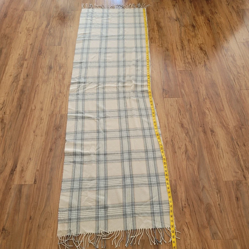 J.Crew Scarf Plaid Neutral Gray Tan Cream Fringe 24x78 Blanket Cottage Cabin